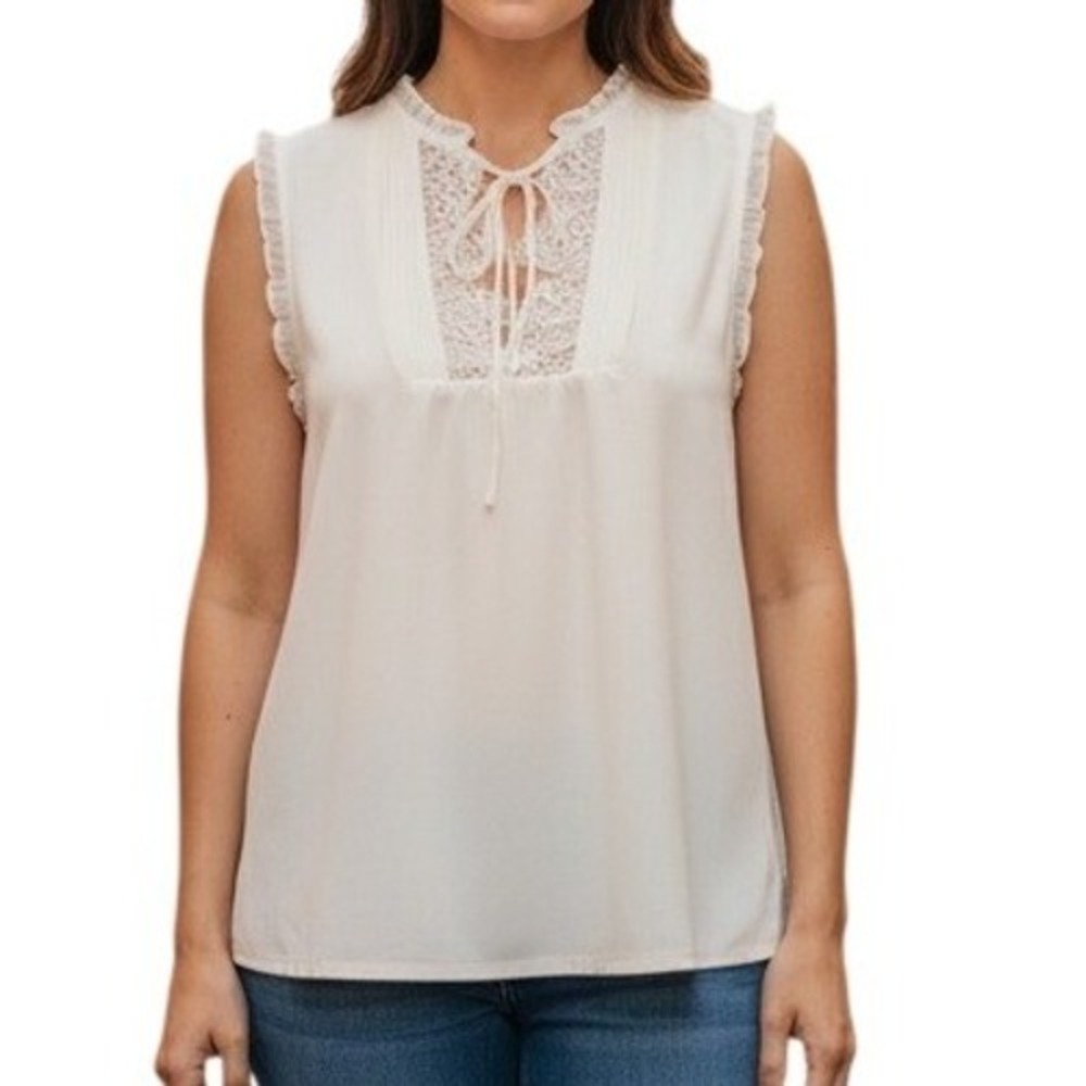 EXPRESS Bright White Lace Inset Sleeveless‎ Blouse Tie Neck Ruffle Top EUC SP